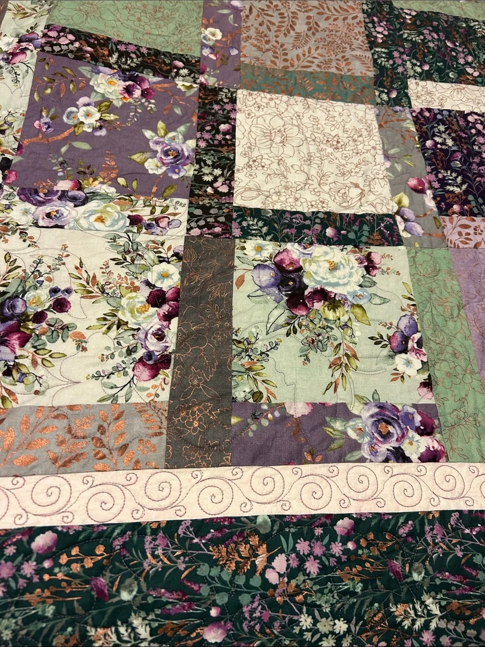 ONE OF A KIND - HANDCRAFTED Quilt in Shades of Purples, Green and Cream
